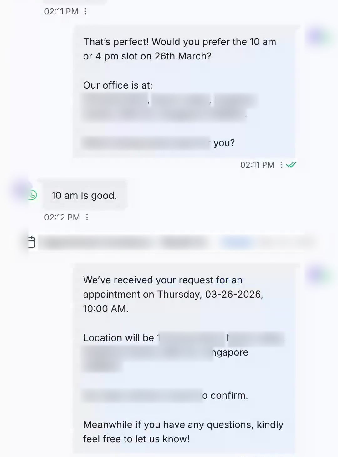 Conversation where the lead picks a slot and gets a confirmation