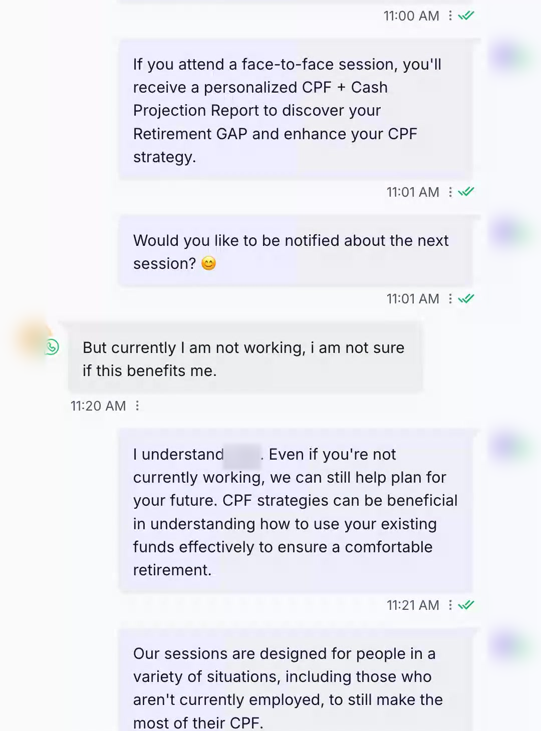 WhatsApp conversation where a lead says they are not working