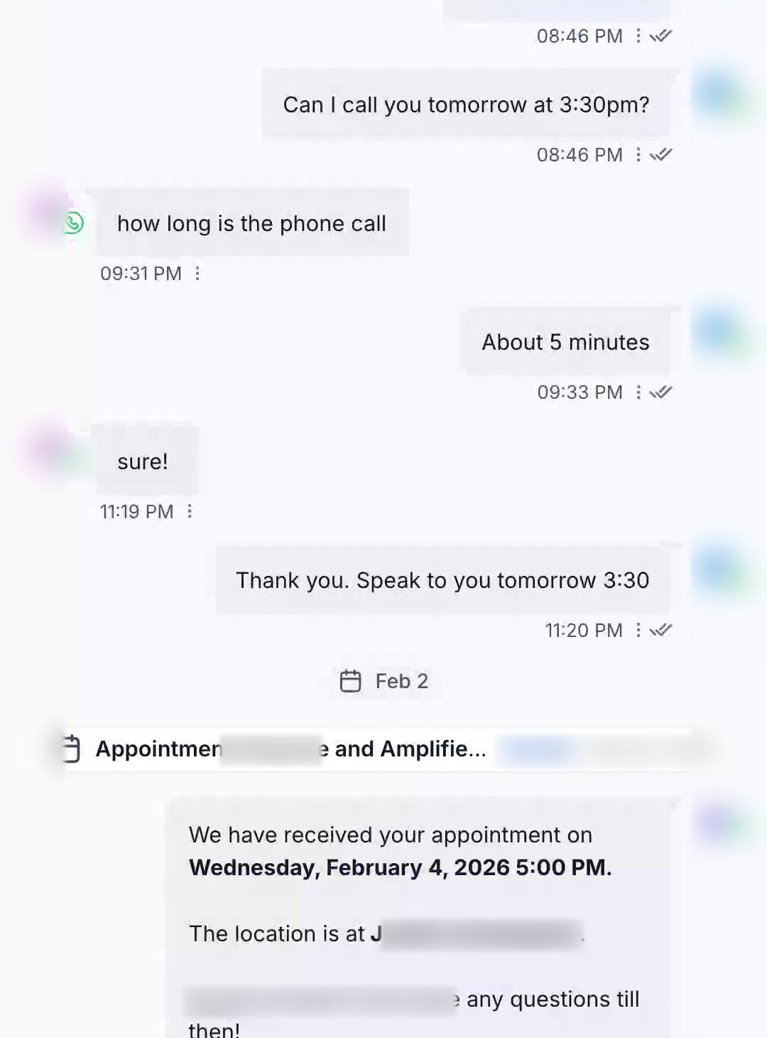 Conversation where a lead asks how long the call is and then books
