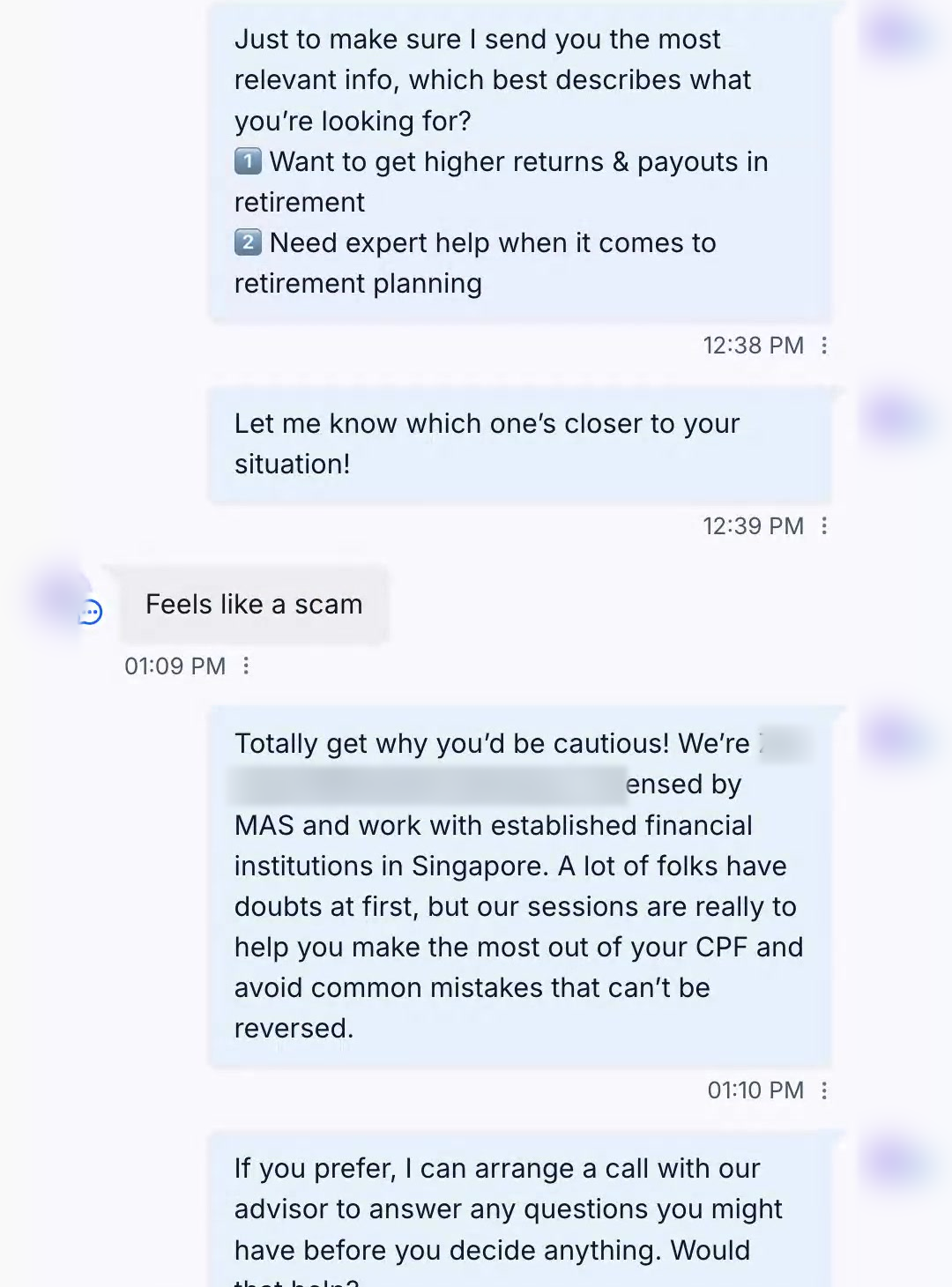 WhatsApp conversation where a lead says this feels like a scam