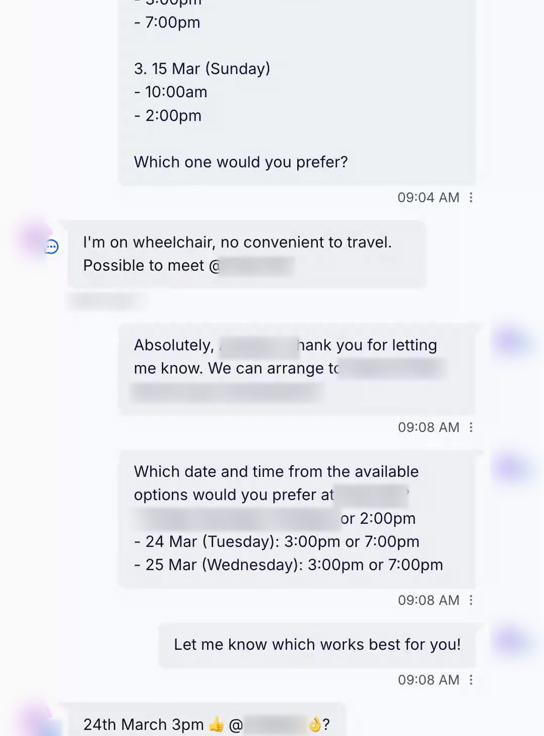 Conversation where a lead in a wheelchair asks to meet closer to home